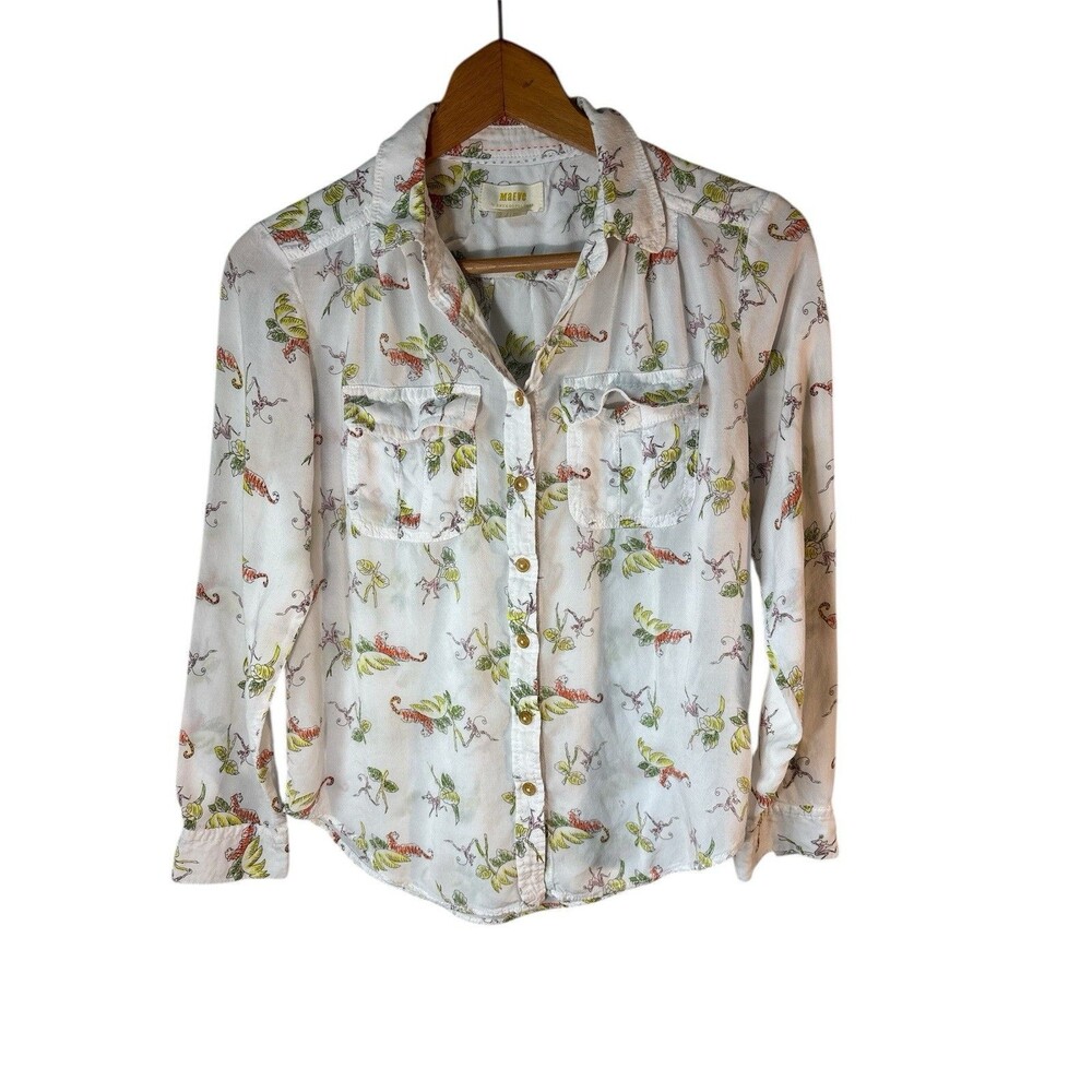 Anthropologie Maeve Jungle Tigers Tropical Print Long Sleeve Blouse size 0